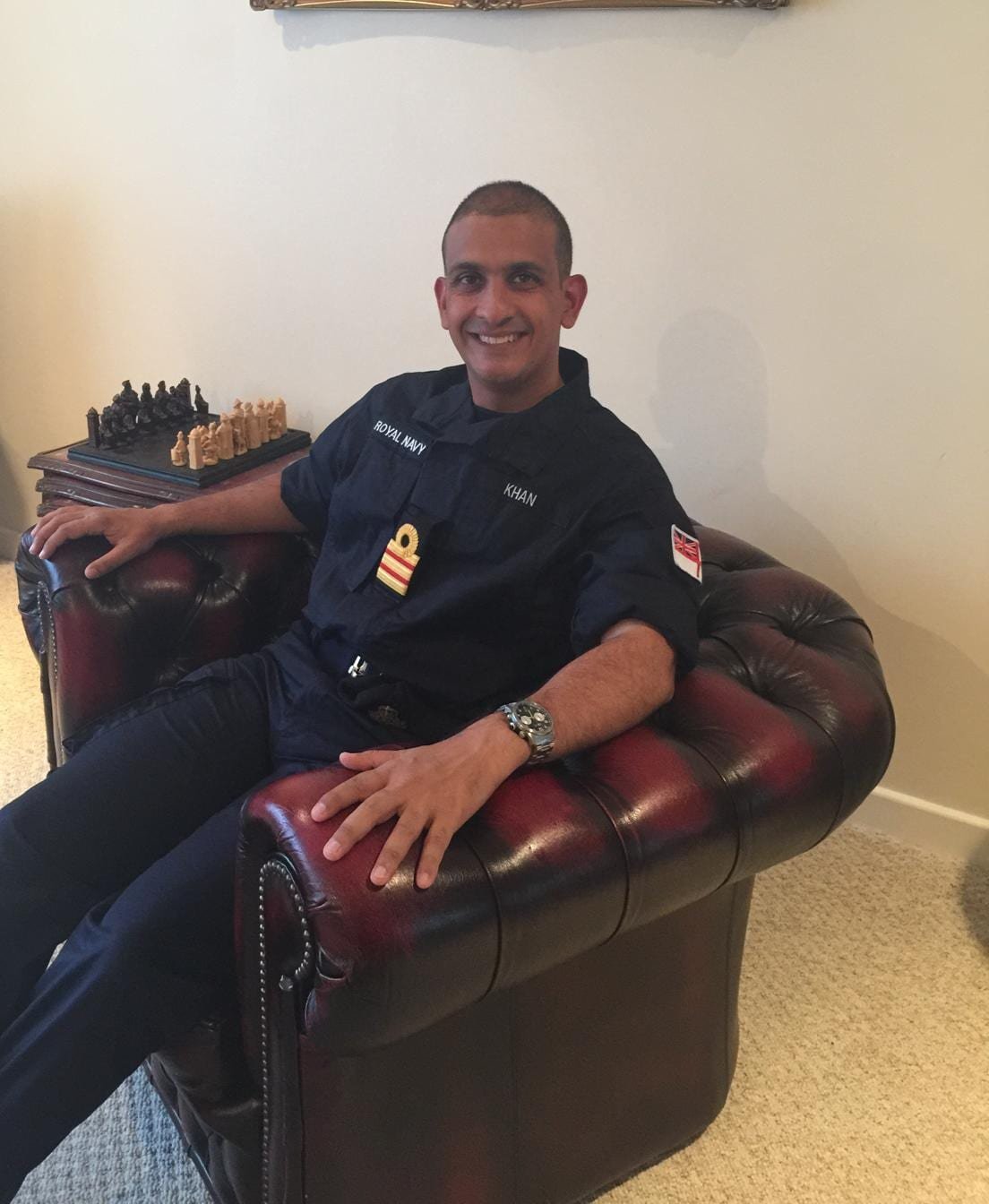 Professor Khan at ease in Royal Navy uniform